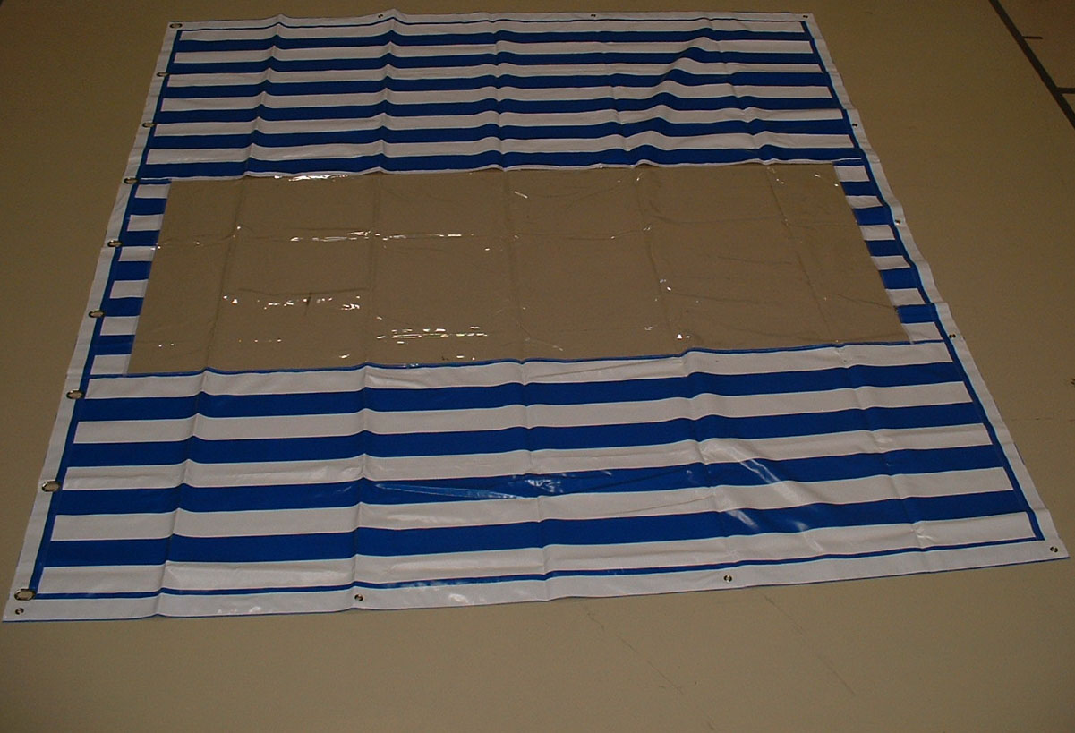 PVC Zeltplane, Festzeltplane, mit Fenster ca. 800g/qm - Farbe: blau-weiss gestreift, Gre: 3,10 m x 3,40 m (2. Wahl)