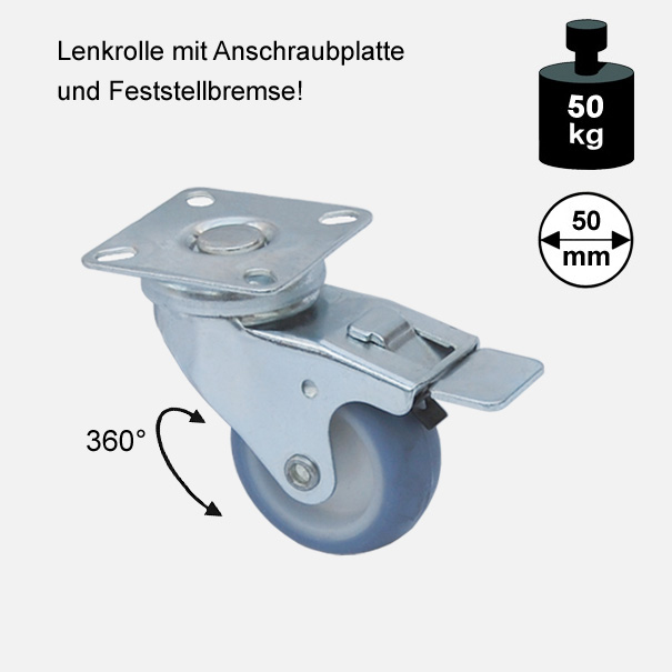 Mbelrolle, Rad, Transportrolle, Softrolle  Soft Lenkrolle mit Feststellbremse  50 mm[13 11 50 LEFB 3550 01]